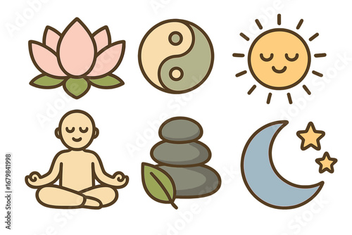 Zen meditation and yoga icon set. Symbols for harmony, balance, and wellness. Vector cartoon illustration of lotus, yin yang, sun, moon, and stacked stones for relaxation.