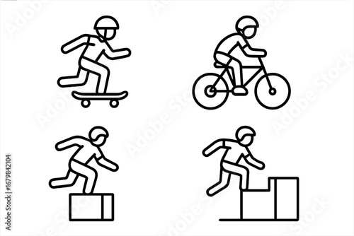 Extreme sports line icon set. Skateboarding, cycling, parkour, and freerunning pictogram collection. Urban activity and adventure lifestyle vector symbols. Minimalist outline.