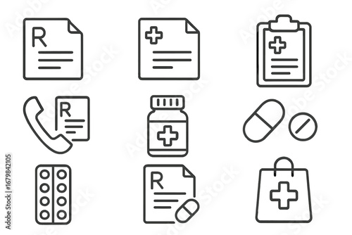Medical prescription icon set. Pharmacy, healthcare thin line icons. Vector symbols for doctor, clinic, medicine, pills, Rx recipe, telemedicine, drugstore. Editable stroke.