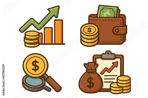 Financial icons set for investment growth, money management, and profit. Cartoon vector symbols of savings, analysis, financial report, business chart, graph, and success.
