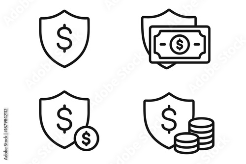 Money protection icon set. Financial security and insurance concept. Shield with dollar sign, cash, and coins. Secure payment, savings guarantee, and investment safety vector.