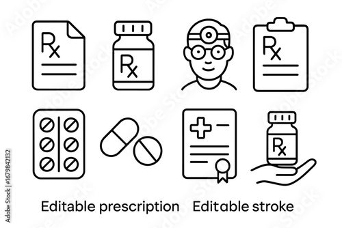 Medical prescription vector line icon set. Healthcare and pharmacy editable stroke symbols. Concept for doctor appointment, pills, rx bottle, medication, and treatment document.