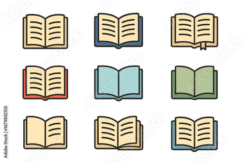 Book open icon set. Reading, literature, education and learning concept. Library, school or university symbol. Minimalistic linear pictogram collection for web and graphic design.