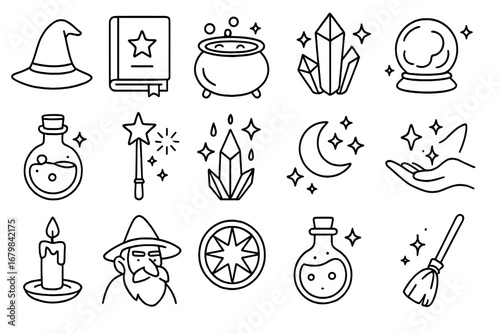 Magic and fantasy icon set. Witchcraft and sorcery outline symbols. Vector linear collection of wizard, witch, spellbook, potion, crystal, wand, cauldron and broomstick.