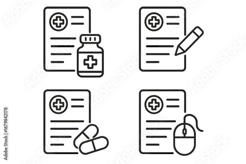 Medical prescription line icon set. E-prescription, online pharmacy, and healthcare concept. Doctor's order, pills, and medicine bottle. Editable stroke vector for web and apps.