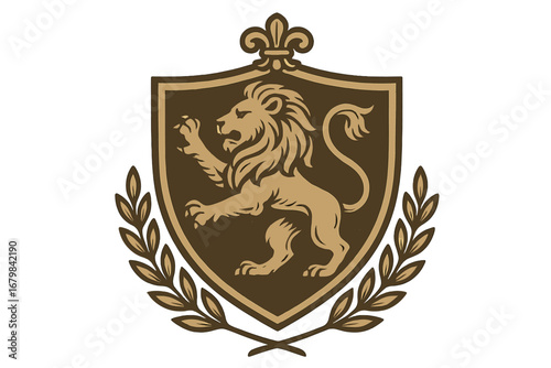 Vintage heraldic shield with rampant lion and laurel wreath. Royal crest emblem with fleur-de-lis. Luxury, classic, retro vector logo insignia for company or team branding.