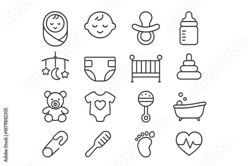 Baby line icon set. Newborn, infant care symbols. Vector outline pictogram collection for baby shower. Editable stroke. Pacifier, bottle, crib, diaper, toy, rattle icons.