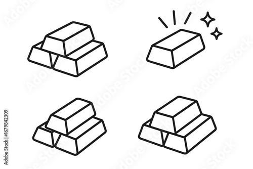 Gold bar and bullion stack outline icon set. Vector illustration of precious metal ingots. Concept for finance, banking, investment, wealth, treasure, and prosperity.