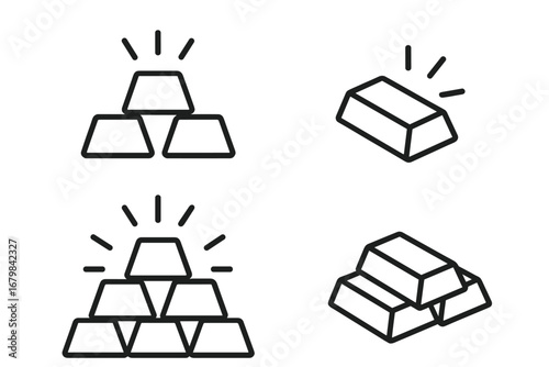 Gold bar outline icon set for finance and business. Vector illustration of stacked gold bullion, ingot. Symbol of wealth, investment, treasure, banking and prosperity.