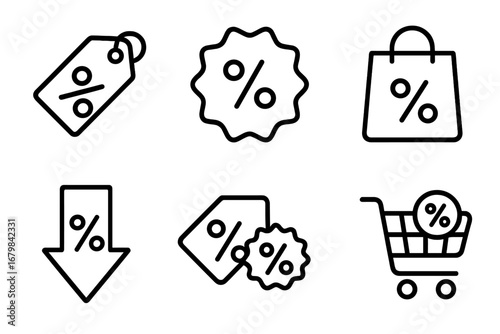 Sale discount outline icon set. Percent symbol for promotion, special offer, and clearance. Shopping tag, price label, bag, and cart vector icons. Editable stroke for commerce.