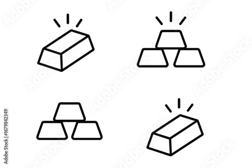 Gold bar and bullion stack outline icon set. Simple line art vector illustration for finance, banking, and investment concepts. Shiny precious metal ingot for wealth and treasure.