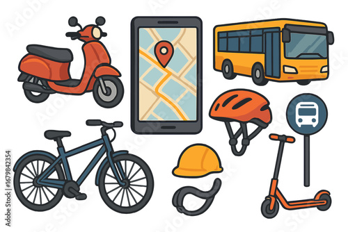 Urban transport icon set. City transportation vector collection. Includes bus, scooter, bicycle, phone GPS navigation. Public transport, bike sharing, commuting concept.