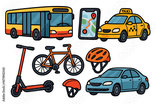 Urban transport set. City transportation collection with bus, taxi, car, bicycle, electric scooter. Navigation app, GPS map on phone. Safety helmet. Vector cartoon icons.