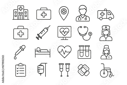 Medical icon set. Healthcare line icons. Hospital, clinic, emergency symbols. Doctor, nurse, ambulance, first aid kit, syringe, stethoscope. Editable stroke vector for web, app.