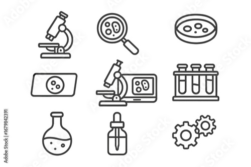 Science lab and research thin line icon set. Microscope, petri dish, test tube, flask. Biology, chemistry, microbiology symbols for experiment, analysis, discovery.