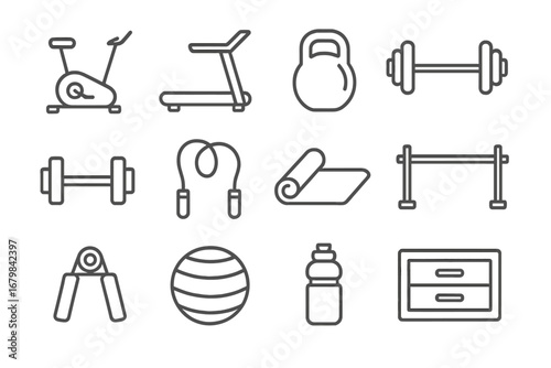 Fitness equipment line icon set. Gym exercise and workout tools collection. Vector outline symbols for health and wellness. Dumbbell, treadmill, kettlebell, jump rope icons.