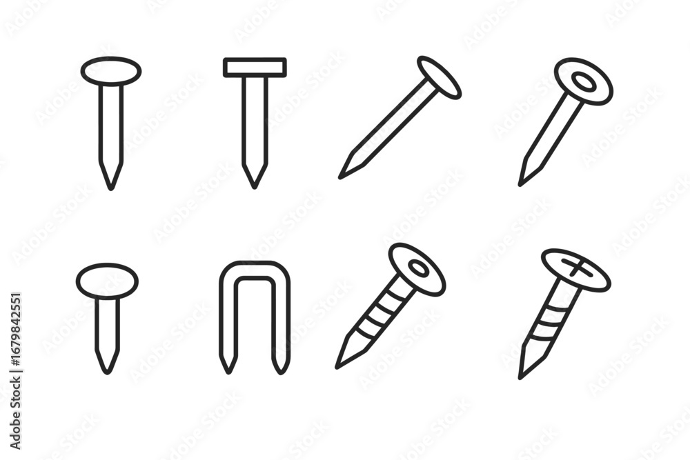 Nail and Fastener Icon Bundle, Thin Line Editable Stroke Vector Set for Web Design, Apps, Print Media, Books, Cards, and Digital Use, Transparent Background, Ordered Collection Nail and Fastener Icon Bundle, Thin Line Editable Stroke Vector Set for Web Design, Apps, Print Media, Books, Cards, and Digital Use, Transparent Background, Ordered Collection