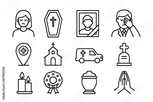 Funeral and Mourning Line Icon Set. Grief, Memorial Service, Ceremony, Church, Coffin, Candle, Wreath, Gravestone, Praying Hands, Location, Hearse, Cremation Urn, Emotional Loss, Vector Illustration