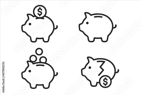 Piggy bank line icon set. Concept of money saving, investment, finance, and budget. Includes broken pig for financial loss, crisis, or bankruptcy. Editable stroke vector.