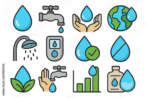 Water conservation icon set. Save water symbols for sustainability and ecology concepts. Vector collection of clean water drops, tap, earth, and environmental resource graphics.