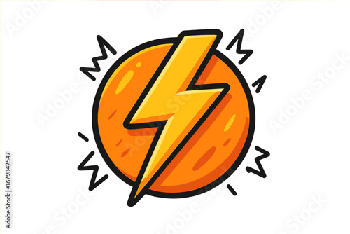 Electric power flash logo. Vector cartoon lightning bolt icon in a circle. Thunder strike symbol for energy, charge and voltage concepts. Fast speed danger warning sign illustration.