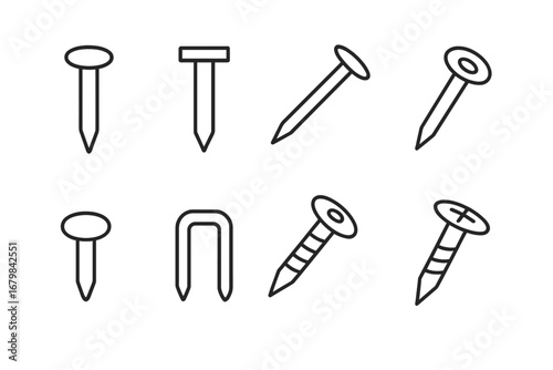 Nail and Fastener Icon Bundle, Thin Line Editable Stroke Vector Set for Web Design, Apps, Print Media, Books, Cards, and Digital Use, Transparent Background, Ordered Collection