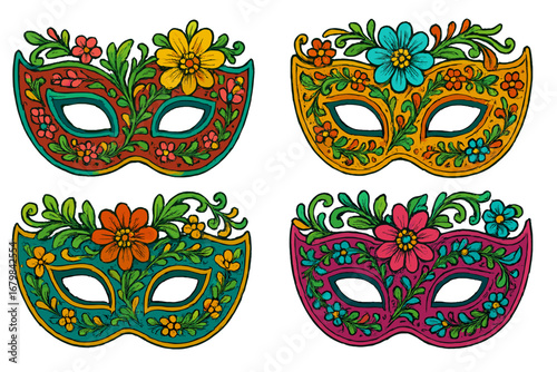 Set of four colorful carnival masks with ornate floral designs. Vector illustration for Mardi Gras, masquerade balls, or festivals. Decorative folk art style with vibrant colors.
