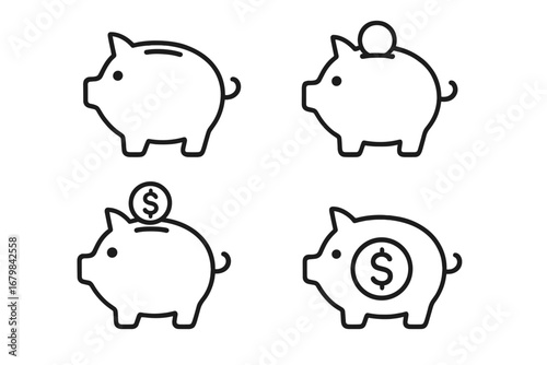 Piggy bank icon set for finance and savings concepts. Vector line art illustration of a money box with a dollar coin. Editable stroke icons for banking, investment, and budget themes.