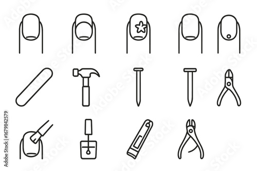 Nail Care Icons Set, Editable Stroke Vector Collection, Manicure Tools and Nail Art Design Elements, Transparent Background, Cartoon Style, Web and Print Use, Ordered Thin Line Symbols