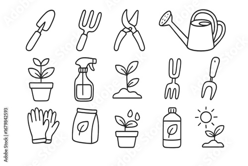 Gardening and plant care outline icon set. Doodle vector collection of linear pictograms for cultivation, growth, planting. Tools include shovel, fork, watering can, pot.