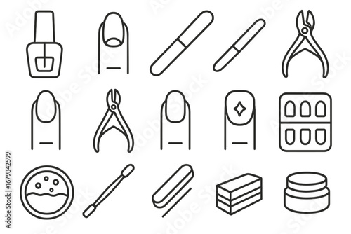 Nail Outline Simple Linear Icon Collection, Editable Stroke Vector Set for Websites, Books, Cards, Apps, Cartoon Style Nail Care Tools and Accessories with Transparent Background