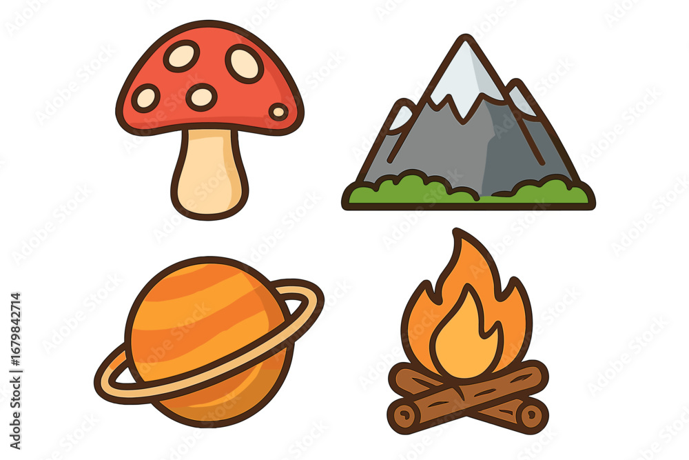 Fototapeta premium Set of cartoon icons. Mushroom, mountain, planet, bonfire. Vector line art for web, apps. Nature, outdoor, space, and adventure symbols. Flat design elements collection.