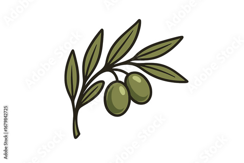 Olive branch with green olives and leaves vector illustration. Natural organic food concept for logo design. Healthy eating symbol, Mediterranean diet icon. Isolated on white.
