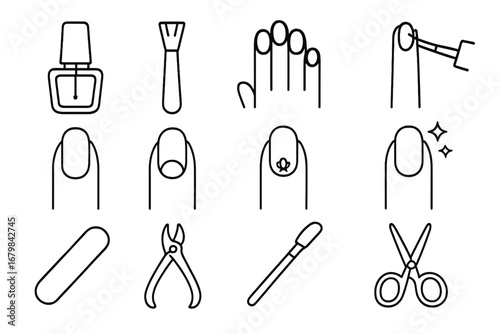 Simple Nail Care Line Icons Collection, Editable Stroke Vector Set for Web, Books, Cards, Apps, Manicure Tools and Finger Nail Art Illustration with Transparent Background
