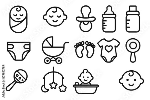 Newborn baby icons bundle, thin line editable stroke vector set for websites, books, cards, apps, cartoons with transparent background, ordered baby care and infant essentials symbols