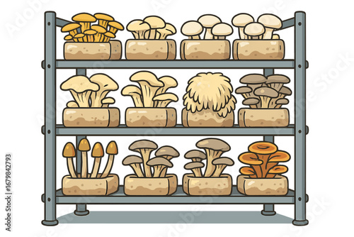 Mushroom cultivation indoor farm with species like oyster, shiitake, lion's mane. Vector cartoon of vertical farming rack with gourmet edible fungi. Mycology agriculture concept.