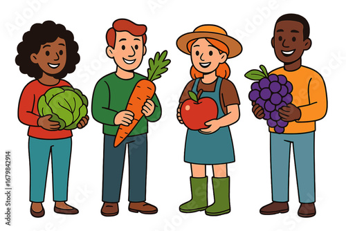 Diverse group of people holding fresh vegetables and fruits. Concept for healthy eating, nutrition, local food market, and community gardening. Vector cartoon illustration set.