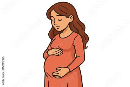 Pregnant woman holding her belly. Maternity and motherhood concept. Expecting a baby. Gentle and loving mother-to-be in a serene pose. Vector cartoon illustration clipart.