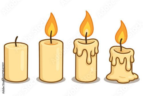 Progression of burning candle in four stages. Animation sequence of melting wax candle. From new to burnt out. Vector illustration set. Concept of time passing, life cycle.