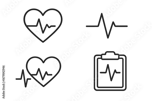 Cardiogram pulse and heart rate line icon set. Medical EKG and ECG vector icons for cardiology, health care apps, and websites. Editable stroke heartbeat symbol collection.