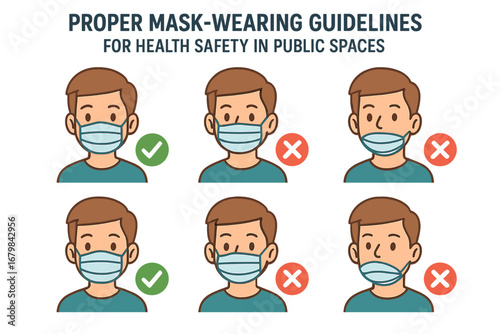 Proper Mask-Wearing Guidelines for Health Safety in Public Spaces During Pandemic Times, Vector Cartoon Illustration, Face Mask Safety Instructions, Ordered Set