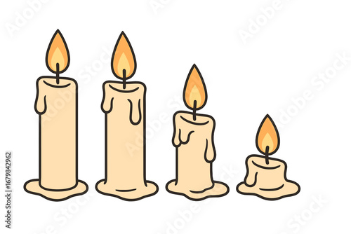Set of burning candles in different stages of melting. Progression, sequence, passage of time. Metaphor for aging, lifecycle, process, burnout, or a countdown. Vector illustration.