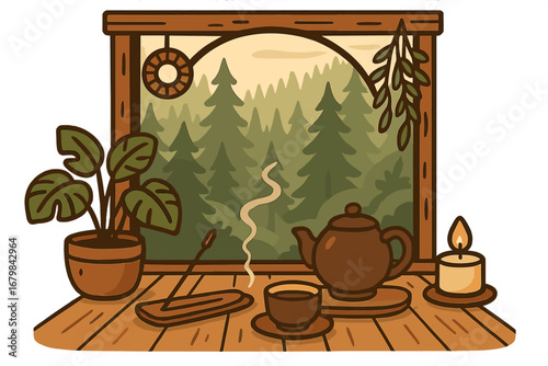 Serene forest retreat concept. Cozy still life with hot tea, burning incense, candle and plant by a window with a pine tree view. Mindfulness and relaxation vector.