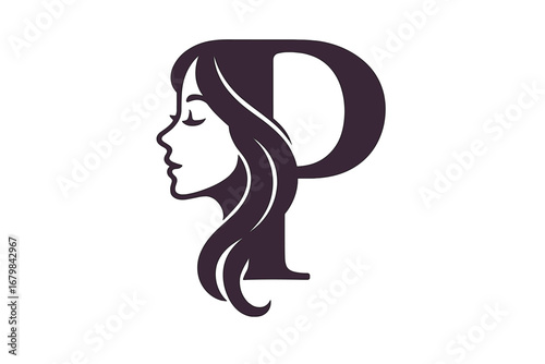 Beauty salon monogram logo with letter P. Woman face silhouette with long hair. Elegant icon for cosmetics, spa, fashion brand identity. Hairstyle, skincare, wellness symbol.