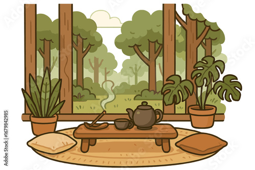 Zen room with forest view for tea ceremony and meditation. Cozy interior with monstera plant for a tranquil retreat. Slow living and hygge concept. Vector cartoon illustration.