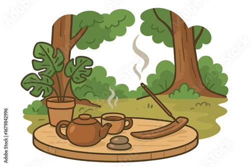Relaxing retreat with tea and incense in a serene forest. Zen garden for meditation and mindfulness. Vector illustration for wellness, spa, and self-care concept. Harmony.