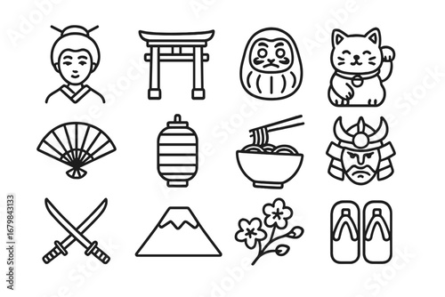 Japan culture line icon set. Traditional japanese heritage symbols collection. Vector illustration of geisha, torii gate, samurai, ramen, fuji, daruma, maneki neko cat.