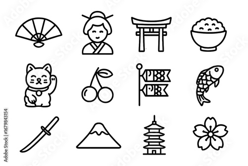 Japan culture outline icon set. Traditional Japanese heritage symbols. Vector line art collection with geisha, torii, koi, sakura, Fuji, maneki neko, pagoda, and katana.