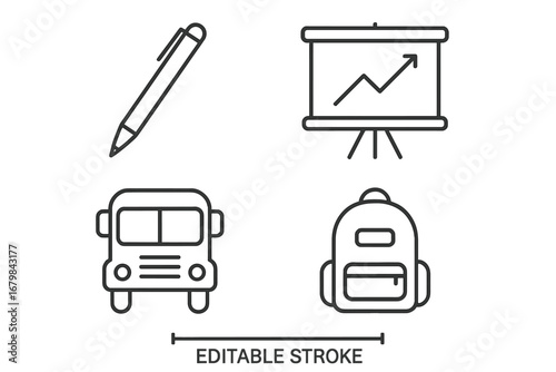 Education and business growth line icon set. Back to school supplies, school bus, presentation chart, and backpack. Editable stroke minimalist vector pictograms for web.