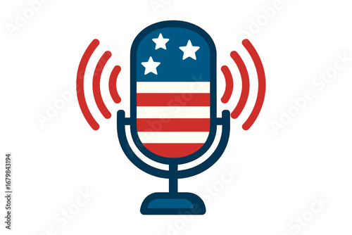 American podcast vector logo concept. USA flag microphone for radio broadcast, interview or political debate. Patriotic audio media symbol. American voice and free speech icon.